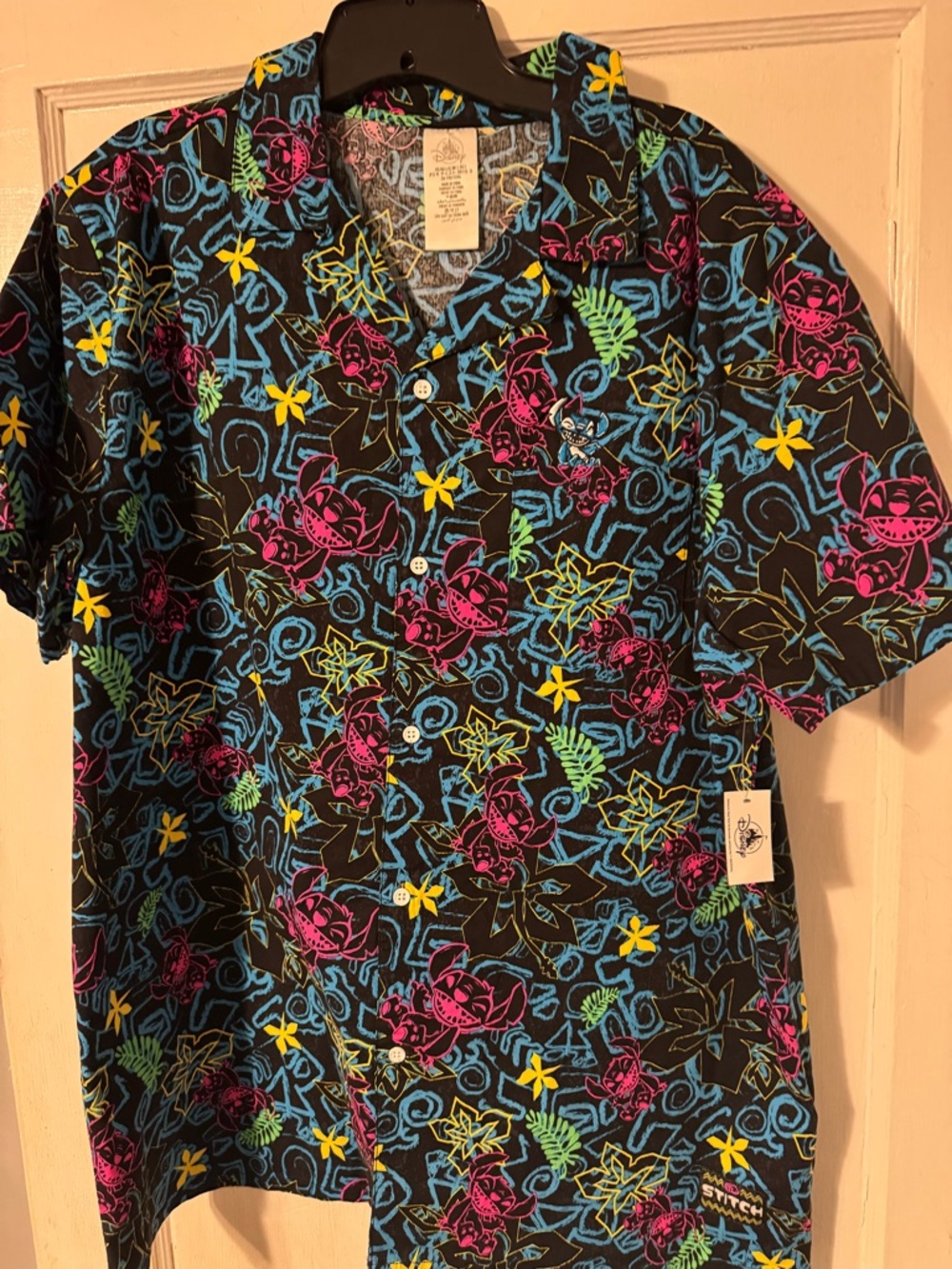 Disney Black Tropical Print Button-Down Shirt with  STITCH Neon Accents